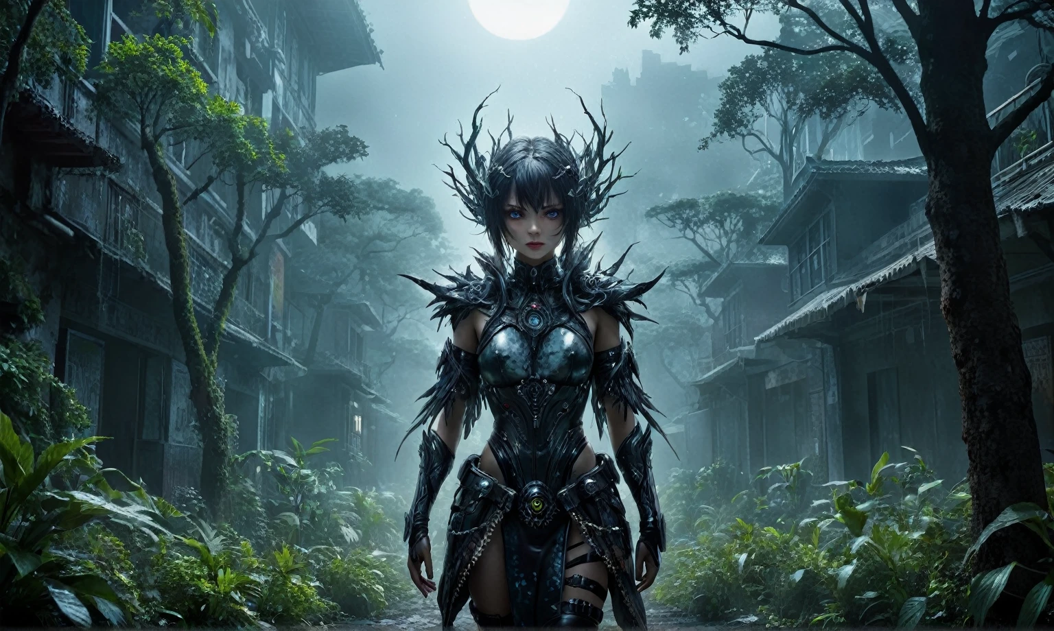 full-body-shot,niobium Manganite (The Alien Entity:Caribbean:0.5), wants eat,survival in criminal city of future,Cinematic,soft colors, Technicolor,natural skin textures, hyper realism, hyper detailed,Extremely detailed,High contrast,Masterpiece,Realistic,Ultra Detailed, intricate details,realistic humid leather,extremely intricate,Epic Realistic, cinematic style,irina yermolova,high contrast,HDR,extremely detailed, [deep night landscape],masterpiece,intricate details,faded,eyes extremely detailed, high detailed eyes,8k resolution,RAW,retina, Nikon Z9,wlop,scratched, flaking peeling paint from body,surrounded dark Iridescent mist,transparent white light halo, bailong plant Oiwa made of dead plants ,,an garden with live sinister bloodthirsty lifes, ancient trees at the stage of radioactive half-life,trap against fairies between trees,Carnival Row city