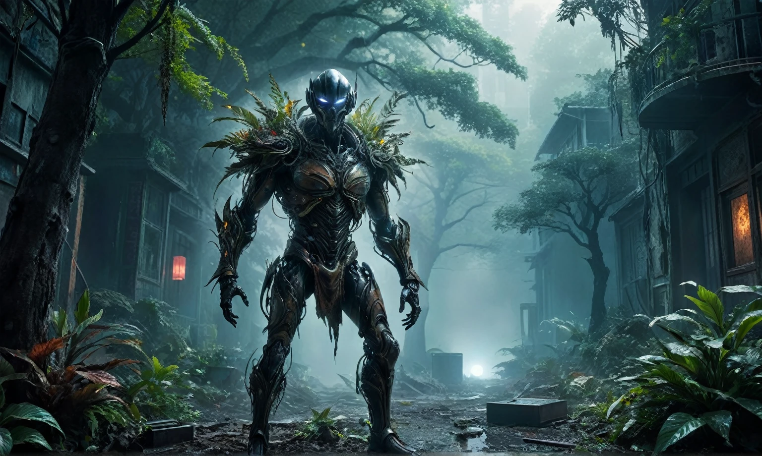 full-body-shot,niobium Manganite (The Alien Entity:Caribbean:0.5), wants eat,survival in criminal city of future,Cinematic,soft colors, Technicolor,natural skin textures, hyper realism, hyper detailed,Extremely detailed,High contrast,Masterpiece,Realistic,Ultra Detailed, intricate details,realistic humid leather,extremely intricate,Epic Realistic, cinematic style,irina yermolova,high contrast,HDR,extremely detailed, [deep night landscape],masterpiece,intricate details,faded,eyes extremely detailed, high detailed eyes,8k resolution,RAW,retina, Nikon Z9,wlop,scratched, flaking peeling paint from body,surrounded dark Iridescent mist,transparent white light halo, bailong plant Oiwa made of dead plants ,,an garden with live sinister bloodthirsty lifes, ancient trees at the stage of radioactive half-life,trap against fairies between trees,Carnival Row city