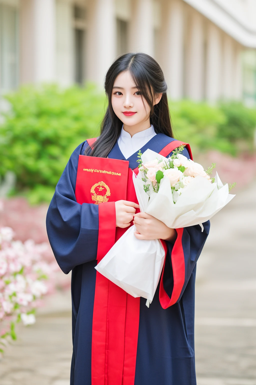 arafed asian woman in graduation gown holding bouquet and diploma, wearing an academic gown, graduation photo, chinese girl, ao dai, young asian girl, wearing long gown, student, a young asian woman, post graduate, traditional chinese, chinese woman, young asian woman, asian girl with long hair, photo of the girl, portrait shot, vietnamese woman, traditional chinese clothing