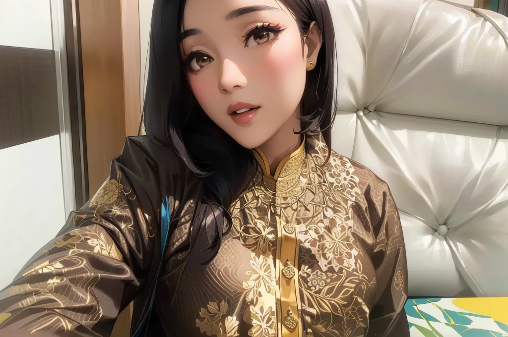 there is a woman that is sitting down with a cell phone, wearing a silk kurta, nivanh chanthara, mai anh tran, profile picture, wearing a kurta, profile pic, a young asian woman, wearing an elegant tribal outfit, south east asian with long, in style of lam manh, profile image, south east asian with round face