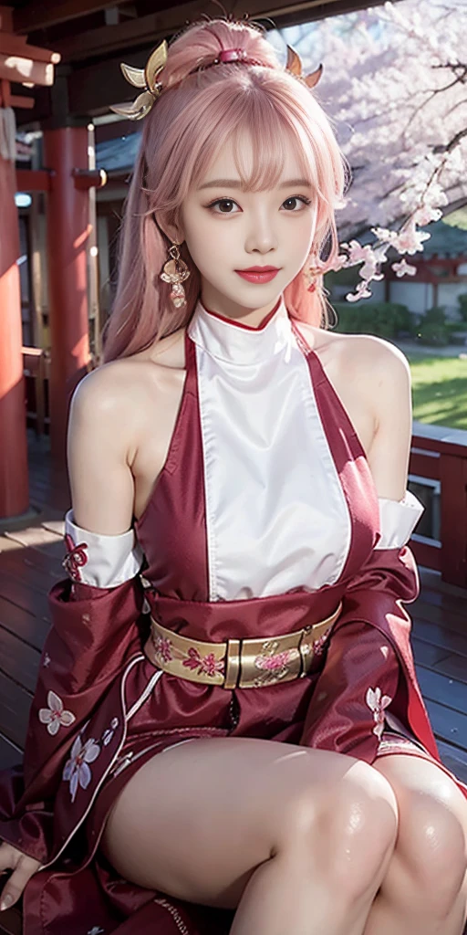 1girl, (ulzzang-6500:0.7), kpop idol, yae miko, bikini, detached sleeves, bare shoulders, pink hair, long hair, bikini, best quality, (painting:1.5), (hair ornament:1.35), jewelry, purple eyes, earrings, breasts, torii, cherry blossoms, lantern light, depth of field, detailed face, face focus, ribbon_trim, (looking at viewer:1.25), nontraditional miko, shiny skin, long sleeves, smile, thick lips, game cg, hands on lips, east asian architecture, (blurry background:1.2), sitting, upper body, bikini