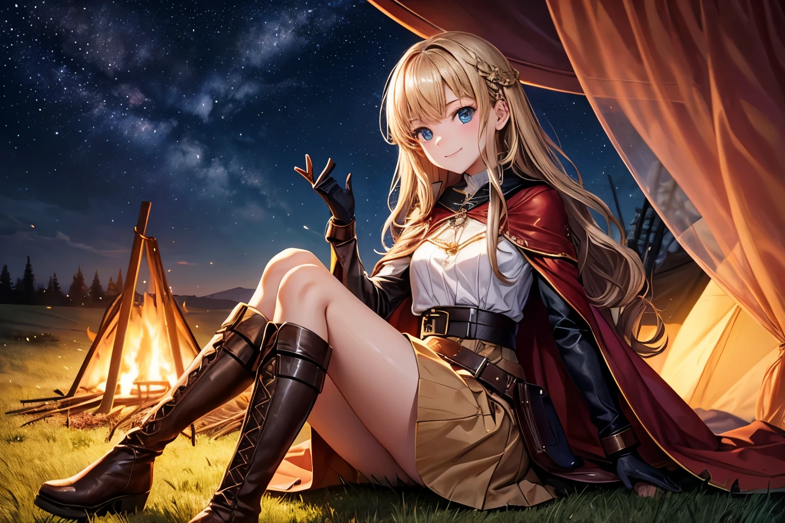 Highest quality,Highest quality,Sit in front of the bonfire,teenage girl, straw color long wavy hair,Slender,Small breasts,Small breasts, long sleeve, brown long skirt, long skirt, smile,Cape, gloves, boots, wide leather belt,Beautiful starry sky,Wide grassland,Triangular tent