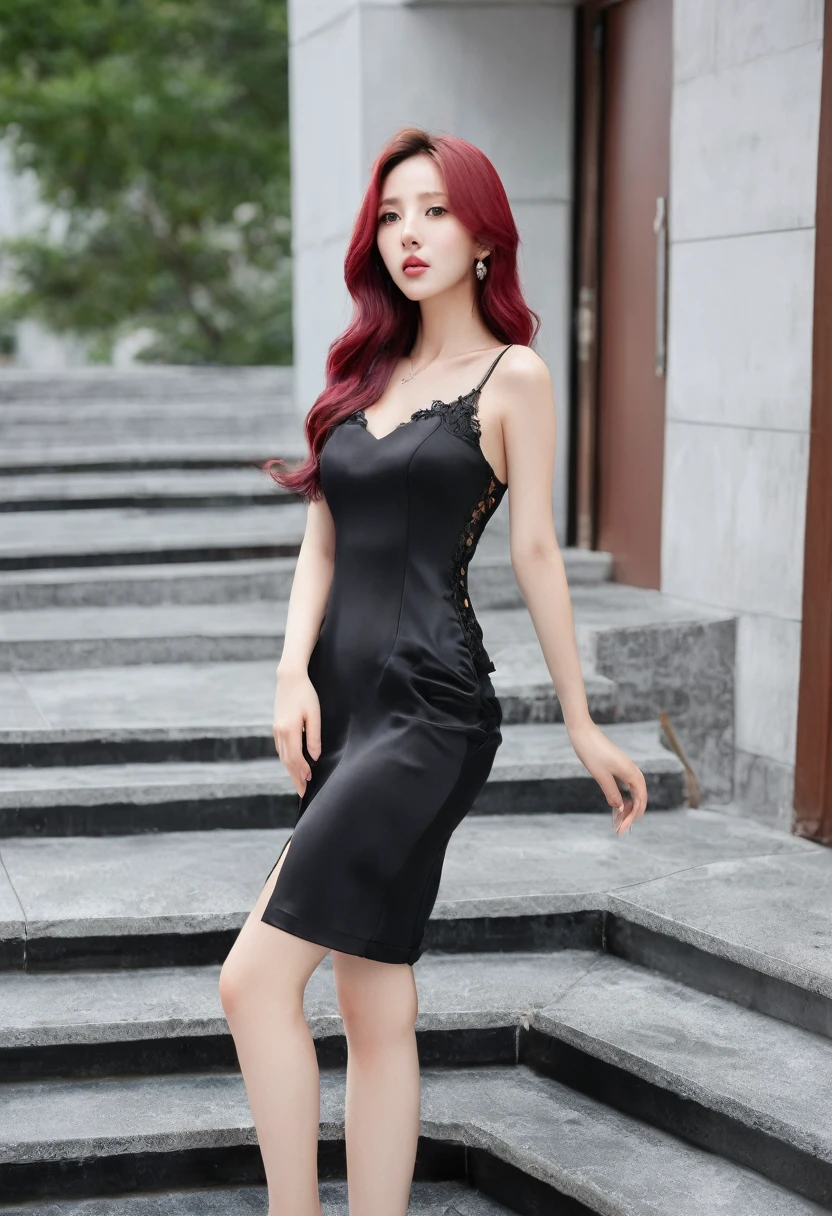 (8K,tmasterpiece,RAW photos,best qualtiy,the detail:1.2), Korean female model，with long pink hair, perfect bodies，Long legs，wavy and long hair，Arad woman in black dress and high heels poses on stairs, Sexy dress, Gorgeous young Korean woman, beautiful Korean women, wearing a tight black dress, Korean girl, full-body xianxia, wearing a black dress, gorgeous chinese models, korean women's fashion model, Black dress, revealing stylish dress, Beautiful young Korean woman, very sexy outfit, Korean woman，laced dress, tightly dress，Silk dress，see through dresses，((Pantyhose)),Ray tracing,long pink hair
