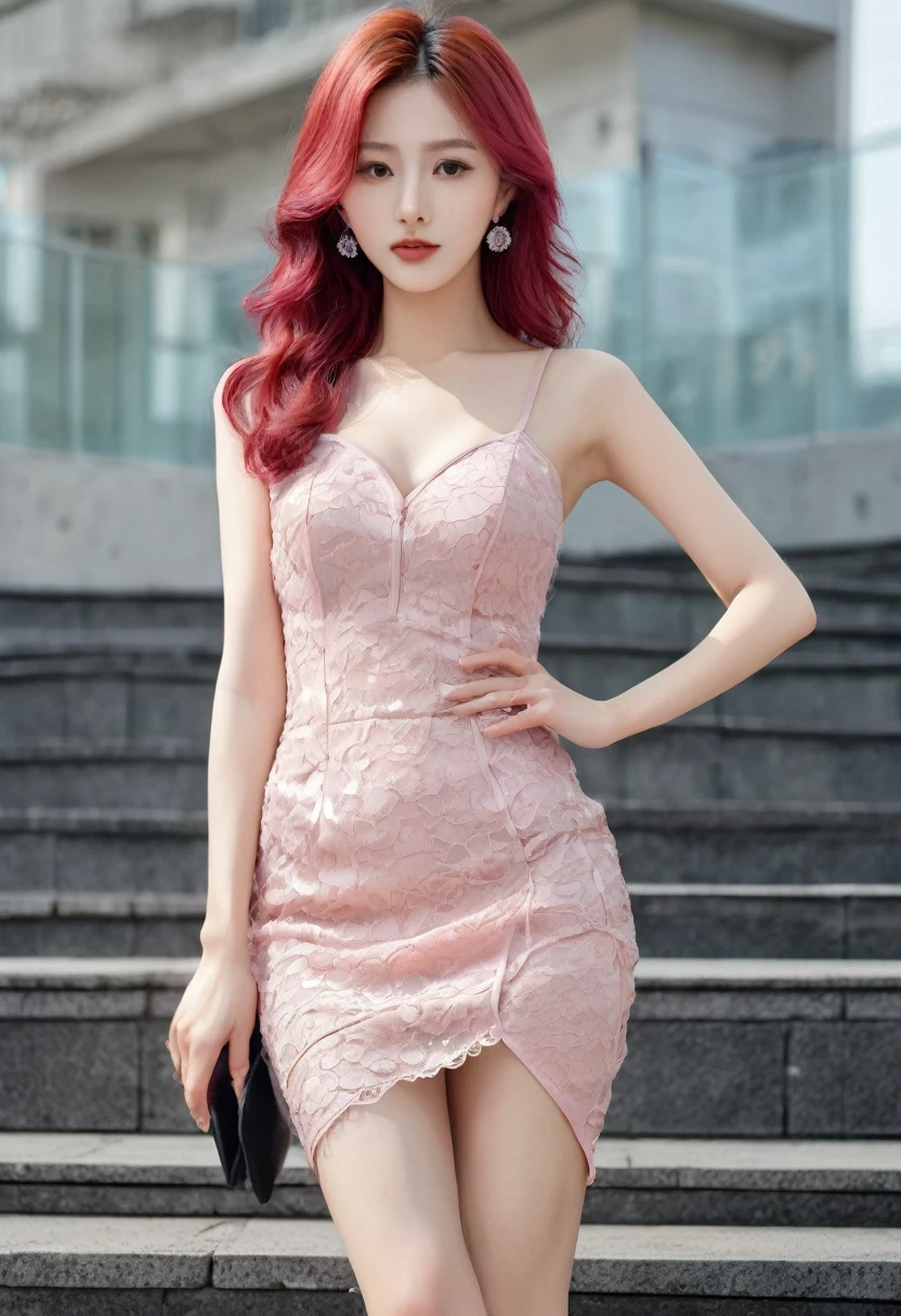 (8K,tmasterpiece,RAW photos,best qualtiy,the detail:1.2), Korean female model，with long pink hair, perfect bodies，Long legs，wavy and long hair，Arad woman in black dress and high heels poses on stairs, Sexy dress, Gorgeous young Korean woman, beautiful Korean women, wearing a tight black dress, Korean girl, full-body xianxia, wearing a black dress, gorgeous chinese models, korean women's fashion model, Black dress, revealing stylish dress, Beautiful young Korean woman, very sexy outfit, Korean woman，laced dress, tightly dress，Silk dress，see through dresses，((Pantyhose)),Ray tracing,long pink hair
