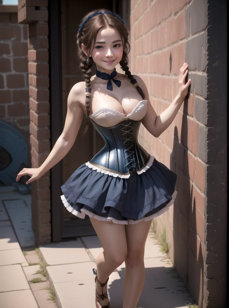 8k, masterpiece, highly detailed, 1girl, (dark blue underbust corset), jm petticoat, sleeveless, full body, head tilt, coy smile, braidsl, brown
hair,