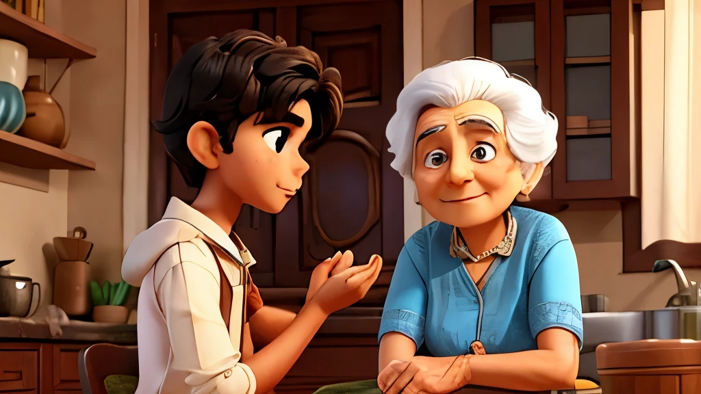 a young man named Arun meet elderly woman Meera, both are sittingwith a troubled heart background house inside