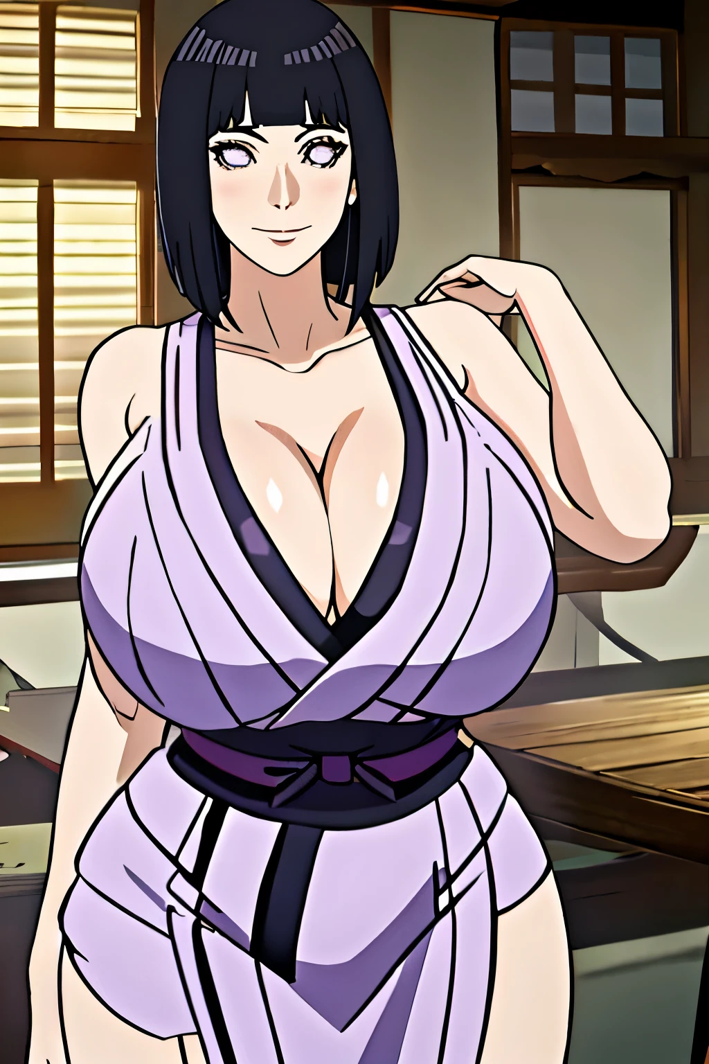 masterpiece, absurdres, hinata\(boruto\), 1girl, solo,mature female, short dress, perfect composition, detailed lips, gigantic breast, beautiful face, body propotion, short hair, purple eyes, soft gaze, super realistic, detailed, photoshoot, realistic face and body, (short kimono:1.1), cleavage, (gigantic breasts: 1.4), curvy, cowboy shot, bare shoulders, seductive smile, indoor, palace