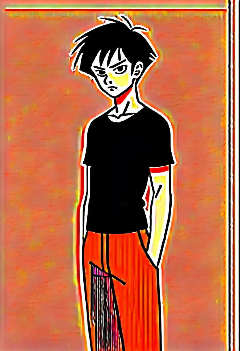 A highschool boy, handsome, perfect body, black hair, short hair, mullet, black eyes, upturned eyes, expressionless, black shirt, anime, first-person view, dragonball art style, masterpiece, anatomically correct, high details, highres, best quality, super detail, 1080P