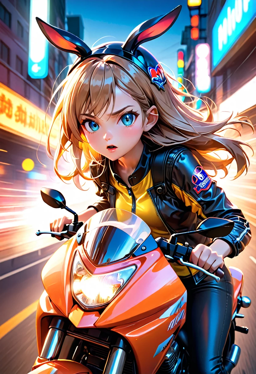 a girl riding a motorcycle, a rabbit on the backseat, rabbit's ears blowing in the wind, helmet, high speed, long exposure, dutch angle, cinematic, detailed, 4k, photorealistic, professional, highly detailed, beautiful detailed eyes, beautiful detailed lips, extremely detailed face, detailed rabbit, motion blur, dramatic lighting, vibrant colors, neon lights, dynamic composition