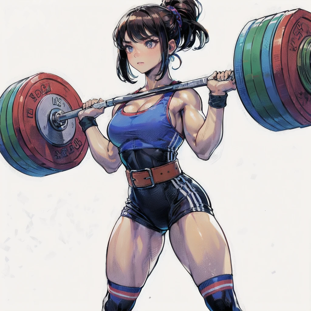 masterpiece, (textured skin), best quality, gorgeous beautiful girl, (a female weightlifting athlete), detailed clothes,large breasts,narrow waist,, (beautiful face), cinematic lighting, (at weightlifting venue ),