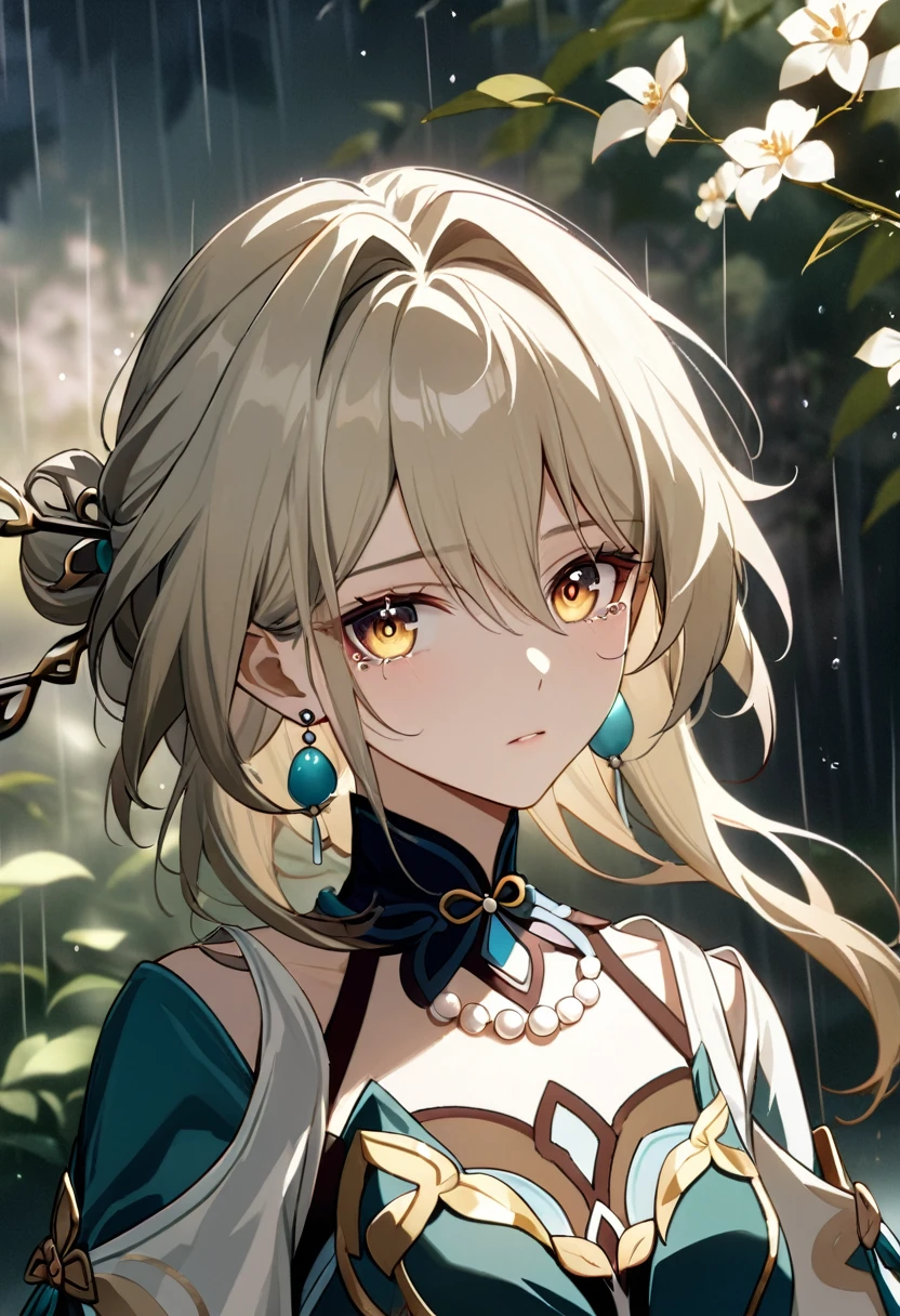 ruan_mei_(honkai:_star_rail) , calm, exspressionless, glossy lips, portrait, looking at viewer, tears, (blonde hair:1.3),, colored eyelashes, yellow eyelashes, (white clothes:1.5), (chinese shirt:1.5), pearls, golden eyes,hairstick, sfw, (modest:1.2), rain, flowers trees background, (flat chest:1.2), (masterpiece), (best quality), (ultra-detailed), very aesthetic, illustration, disheveled hair, perfect composition, moist skin, intricate details, cinematic still, emotional, harmonious, vignette, highly detailed, high budget, bokeh, cinemascope, moody, epic, gorgeous, film grain, grainy, flowers, earrings, necklace