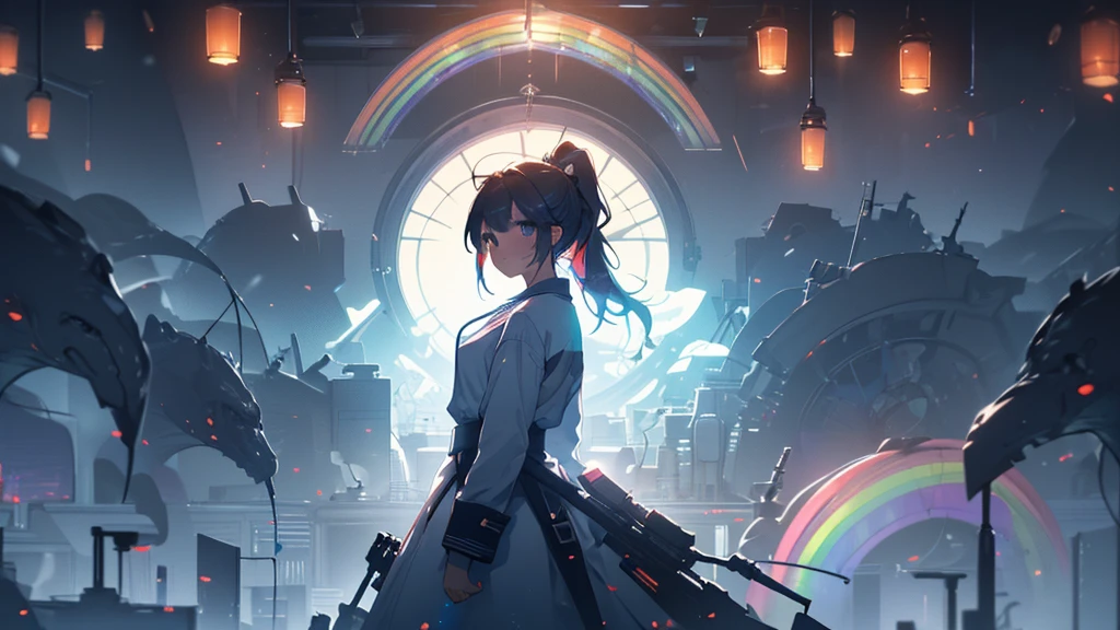 jaw, ponytail, regatta, Shirt tied at the waist, Clean the portal gun at the workbench, Morning sunlight shining through the window (zrpg style) (artwork:1.2) (figure:1.2) (Better Quality:1.2) (be familiar with) (Complex) (8K) (High resolution) (Cinema Lighting) (Sharp focus), whole body, Big Ass, thick, {Highly detailed 16k CG uniform wallpaper}, Wide大な風景写真, (A bottom-up view that focuses on characters and settings), (Wide々Clear visibility), (Low angle photo), (highlight: 1.2), (Low Light:1.7), (Warm light source: 1.2), Complex詳細, (Rainbow Core: 1.5), (Bright lighting), (Atmospheric lighting), 