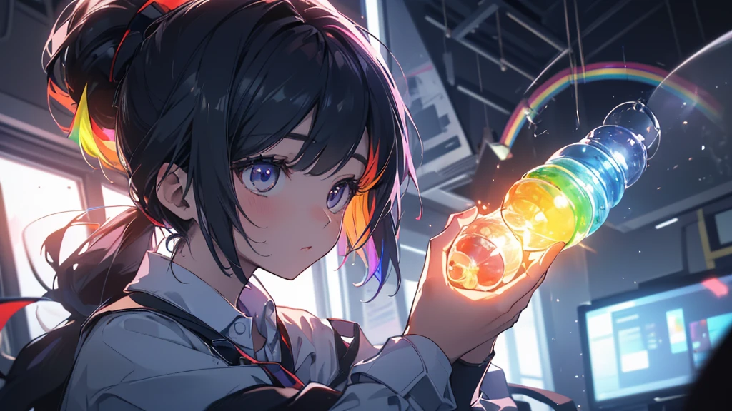 jaw, ponytail, regatta, Shirt tied at the waist, Clean the portal gun at the workbench, Morning sunlight shining through the window (zrpg style) (artwork:1.2) (figure:1.2) (Better Quality:1.2) (be familiar with) (Complex) (8K) (High resolution) (Cinema Lighting) (Sharp focus), whole body, Big Ass, thick, {Highly detailed 16k CG uniform wallpaper}, Wide大な風景写真, (A bottom-up view that focuses on characters and settings), (Wide々Clear visibility), (Low angle photo), (highlight: 1.2), (Low Light:1.7), (Warm light source: 1.2), Complex詳細, (Rainbow Core: 1.5), (Bright lighting), (Atmospheric lighting),