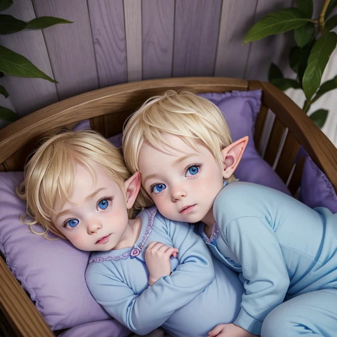 Two small newborn baby elves: identical twin boys with blonde hair, pointy ears, purple eyes, and pale skin, wearing light blue onesies while lying in a wooden crib with plush pillows in an elvish Woodland palace