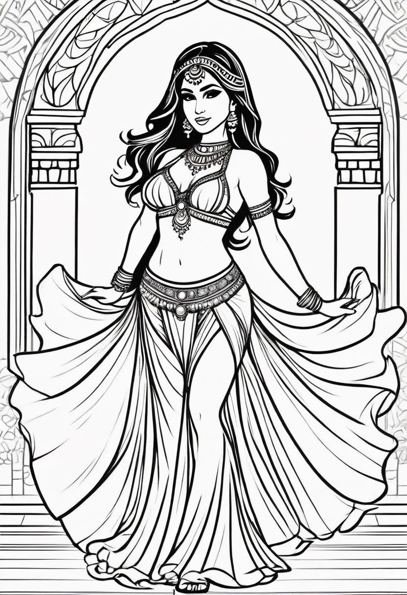 arte em linha, outline only, comic style, bellydancer, belly dancer, coloring book page, black and white only, no colors, no shadows, chibi style, without background, bellydancer, cartoon, kids coloring book, dance positions, entyre body, Dubay Glamour, luxurious clothes, and showing crystal shoes, dancing, full body drawing, standing, opens your arms