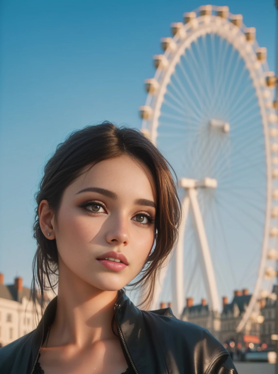 Arav woman in black jacket standing in front of ferris wheel, Portrait of Sophie Mudd, 50mm lens photo portrait, london eye, Attractive girl, 60mm portrait, 50mm portrait, High quality portrait, 70mm Portrait, Photo of young woman, Brown hair and big eyes, Photo of a beautiful woman, Close-up portrait shooting, Stunning Portraits