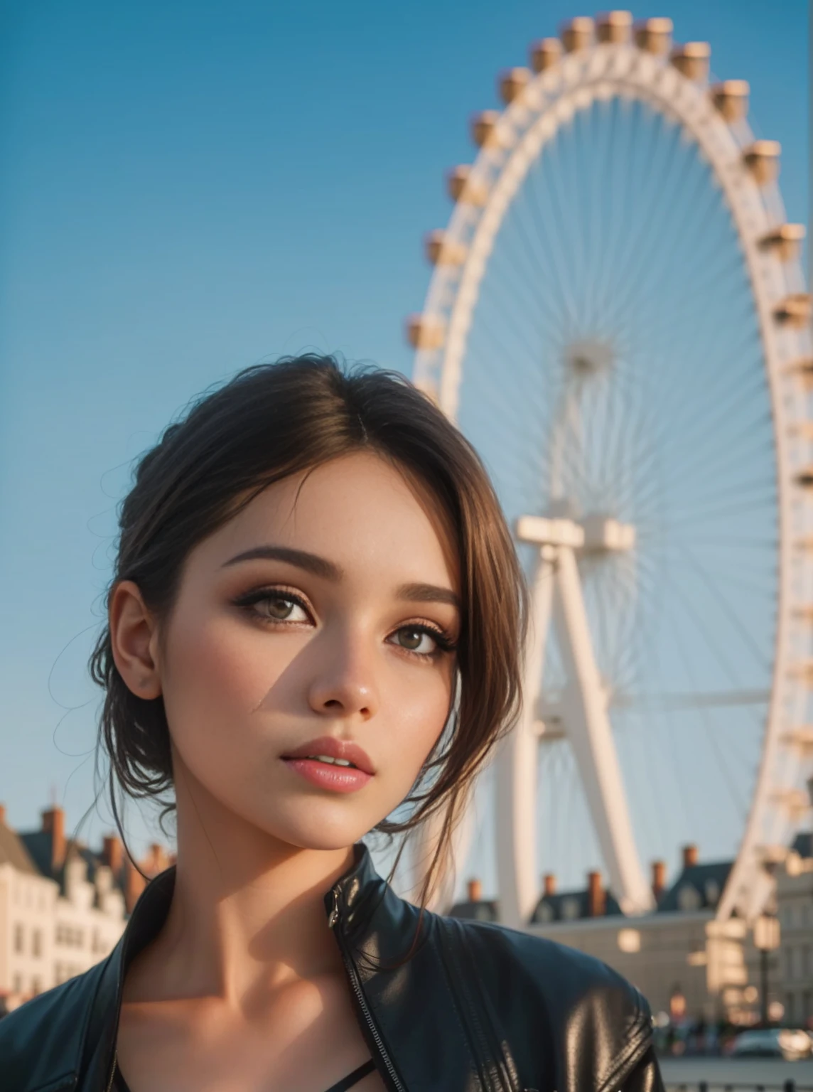 Arav woman in black jacket standing in front of ferris wheel, Portrait of Sophie Mudd, 50mm lens photo portrait, london eye, Attractive girl, 60mm portrait, 50mm portrait, High quality portrait, 70mm Portrait, Photo of young woman, Brown hair and big eyes, Photo of a beautiful woman, Close-up portrait shooting, Stunning Portraits