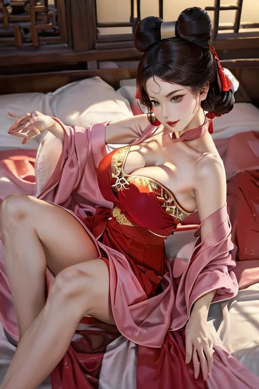masterpiece,best quality,4K, masterpiece, high resolution, Complex 3D rendering of ultra-detailed beautiful porcelain contoured female face,Vivid details,(high resolution),Ultra Detail,Vivid details,(8K,original photo),(Best quality),(masterpiece),(((Full and soft ,)))(((Large BreastsCleavage)))1 ghing, Smile, Red Dress, Chinese clothing, Bare shoulders, Pink earrings,
Lying in bed, whole body, top view, Network Hanfu, cheongsam, (Red and Pink), Chinese_clothing, Looking at the audience,
, Skinny, Slim_leg, , Model pose,
Chinese architecture, East Asian Architecture, Chinese building, indoors,