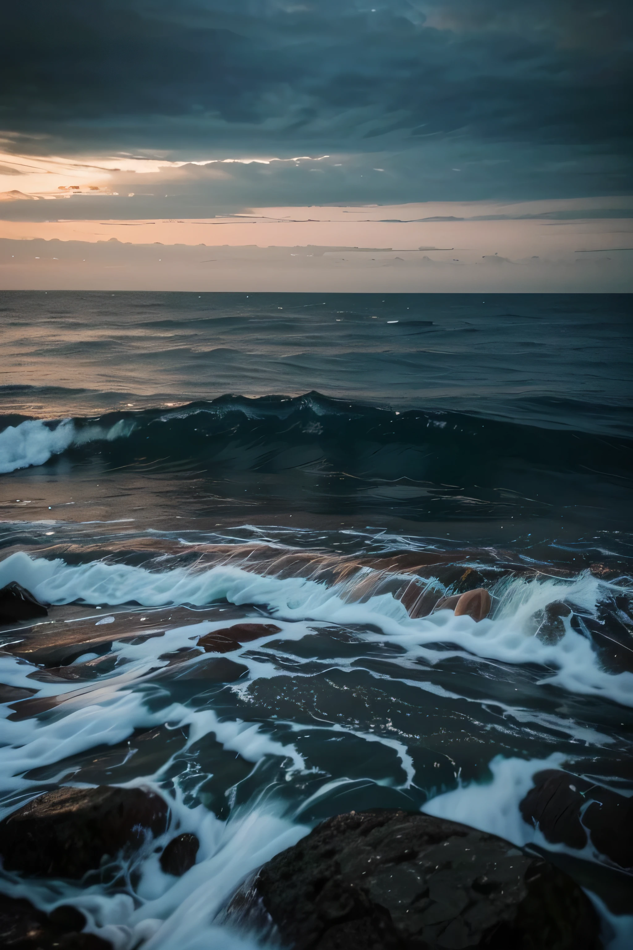 A photo of the sea. A nice, simple, random photo with low lighting and a very normal resolution. It was taken early in the day, 5 am. It looks like a normal, simple Instagram story. Very simple photo Looks like it was taken quickly.