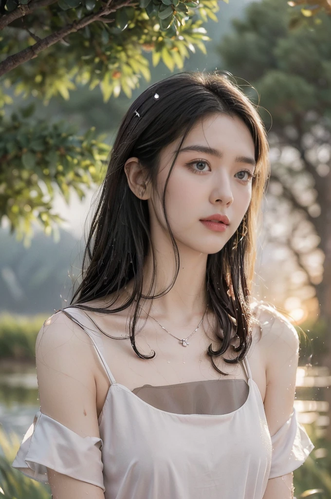 (((best quality))),(((ultra detailed))),(((masterpiece))),illustration,((1 beautiful girl,solo)),((slim,thin,flat chest)),(shoulder length straight bob hair:1.2),flowing hair,fair skin,(shiny skin:1.3),detailed eyes,laughing,(shirt-dress:1.3),delicate necklace,grass,dewdropletts,trees,bird chirping,serenity,gratitude,awe,wonders of nature,peace,contentment,magnificent world,summer,(pitch-dark dawn:1.5),(night scene:1.3),((upper body,from front)),after rain,(wet:1.3),standing,on the path,At the mountaintop,confident gaze,elegant posture,mysterious atmosphere,solemn mood,dawn approaching,detailed decorations,(sunrise:1.3),(cloudy sky:1.2),rainbow,(Rural Landscape:1.2),horizon,