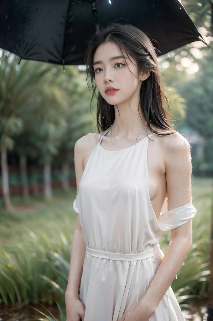 (((best quality))),(((ultra detailed))),(((masterpiece))),illustration,((1 beautiful girl,solo)),((slim,thin,flat chest)),(shoulder length straight bob hair:1.2),flowing hair,fair skin,(shiny skin:1.3),detailed eyes,laughing,(shirt-dress:1.3),delicate necklace,grass,dewdropletts,trees,bird chirping,serenity,gratitude,awe,wonders of nature,peace,contentment,magnificent world,summer,(pitch-dark dawn:1.5),(night scene:1.3),((upper body,from front)),after rain,(wet:1.3),standing,on the path,At the mountaintop,confident gaze,elegant posture,mysterious atmosphere,solemn mood,dawn approaching,detailed decorations,(sunrise:1.3),(cloudy sky:1.2),rainbow,(Rural Landscape:1.2),horizon,