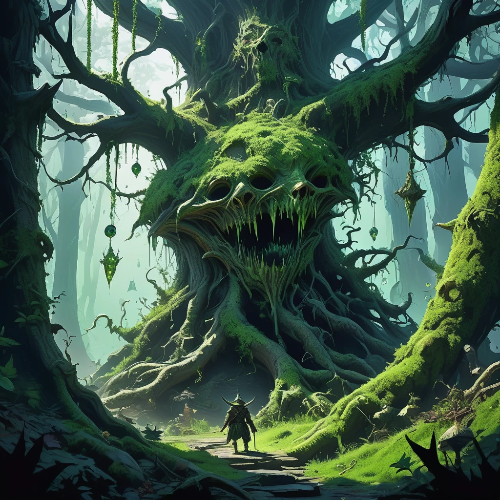 Visualize a goblin lurking in the depths of a medieval dark fantasy forest, where twisted trees loom overhead like skeletal sentinels and the ground is carpeted with gnarled roots and tangled undergrowth. This goblin, small and wiry with leathery green skin and sharp, pointed ears, moves stealthily among the shadows. Its eyes, gleaming with a cunning intelligence, scan the surroundings for signs of prey or intruders.

Clad in patched, ragged garments that blend seamlessly with the murky hues of the forest, the goblin carries a crude, serrated dagger at its side and a pouch bulging with pilfered trinkets and treasures. Behind it, a hidden lair lies concealed beneath the roots of a massive, ancient oak tree, where stolen goods are hoarded alongside glittering baubles and eerie artifacts.

Sunlight filters through the dense canopy above in scattered patches, casting eerie shafts of light that illuminate patches of moss and fungi. The air is thick with the earthy scent of damp foliage and the distant cries of unseen creatures. In this realm of shadows and secrets, the goblin thrives as a cunning scavenger and opportunistic survivor, embodying the dark allure and perilous intrigue of the medieval fantasy forest."