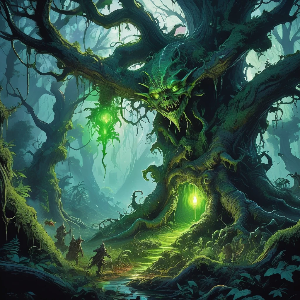 Visualize a goblin lurking in the depths of a medieval dark fantasy forest, where twisted trees loom overhead like skeletal sentinels and the ground is carpeted with gnarled roots and tangled undergrowth. This goblin, small and wiry with leathery green skin and sharp, pointed ears, moves stealthily among the shadows. Its eyes, gleaming with a cunning intelligence, scan the surroundings for signs of prey or intruders.

Clad in patched, ragged garments that blend seamlessly with the murky hues of the forest, the goblin carries a crude, serrated dagger at its side and a pouch bulging with pilfered trinkets and treasures. Behind it, a hidden lair lies concealed beneath the roots of a massive, ancient oak tree, where stolen goods are hoarded alongside glittering baubles and eerie artifacts.

Sunlight filters through the dense canopy above in scattered patches, casting eerie shafts of light that illuminate patches of moss and fungi. The air is thick with the earthy scent of damp foliage and the distant cries of unseen creatures. In this realm of shadows and secrets, the goblin thrives as a cunning scavenger and opportunistic survivor, embodying the dark allure and perilous intrigue of the medieval fantasy forest."