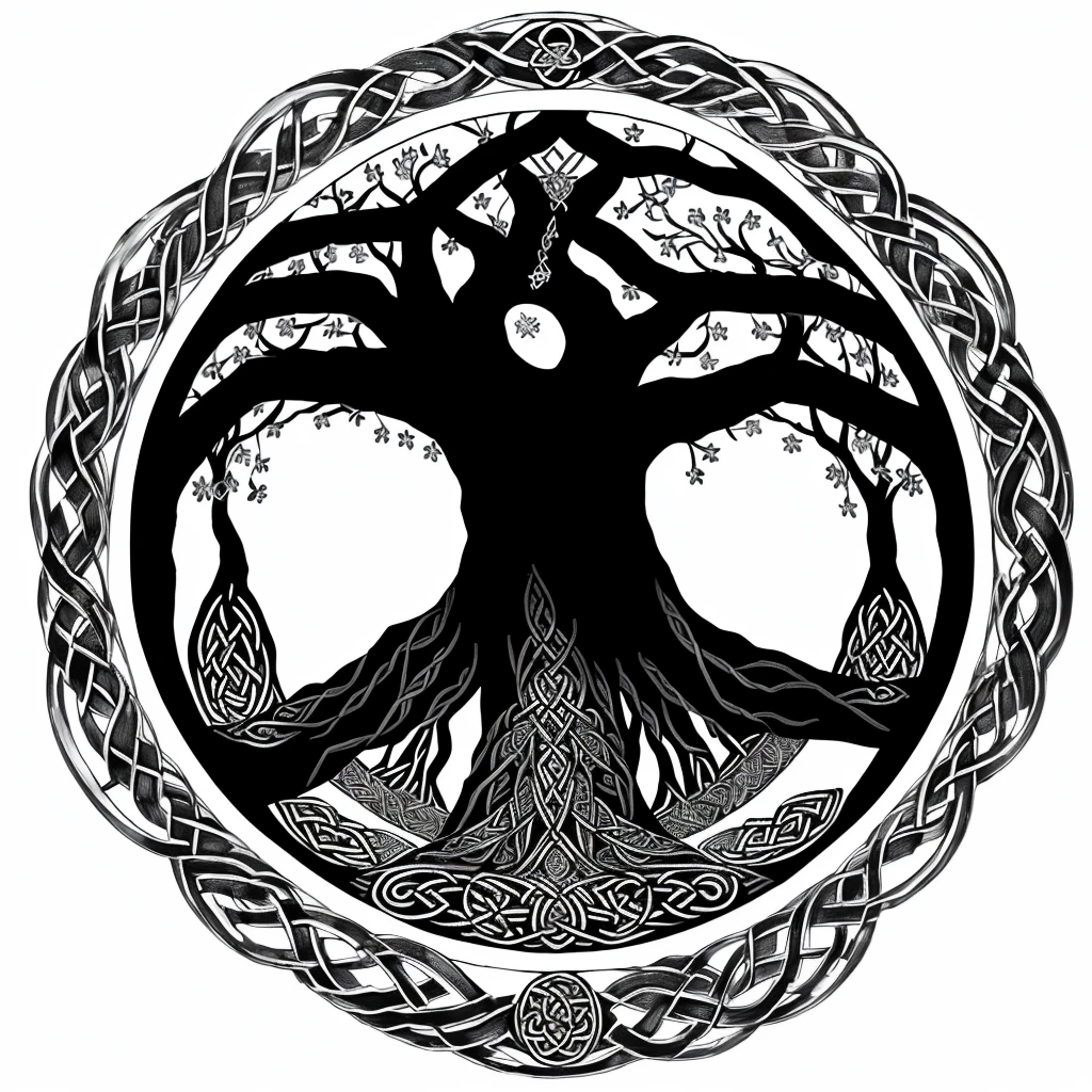 a black and white drawing of a tree of life in a circle, yggdrasil, tree of life, celtic designs, celtic symbols, celtic art style, wearing celtic tattoos, celtic art, celtic norse frankish, the tree of life, intricate arcane wiccan designs, tree of life seed of doubt, celtic, tree's, celtic culture