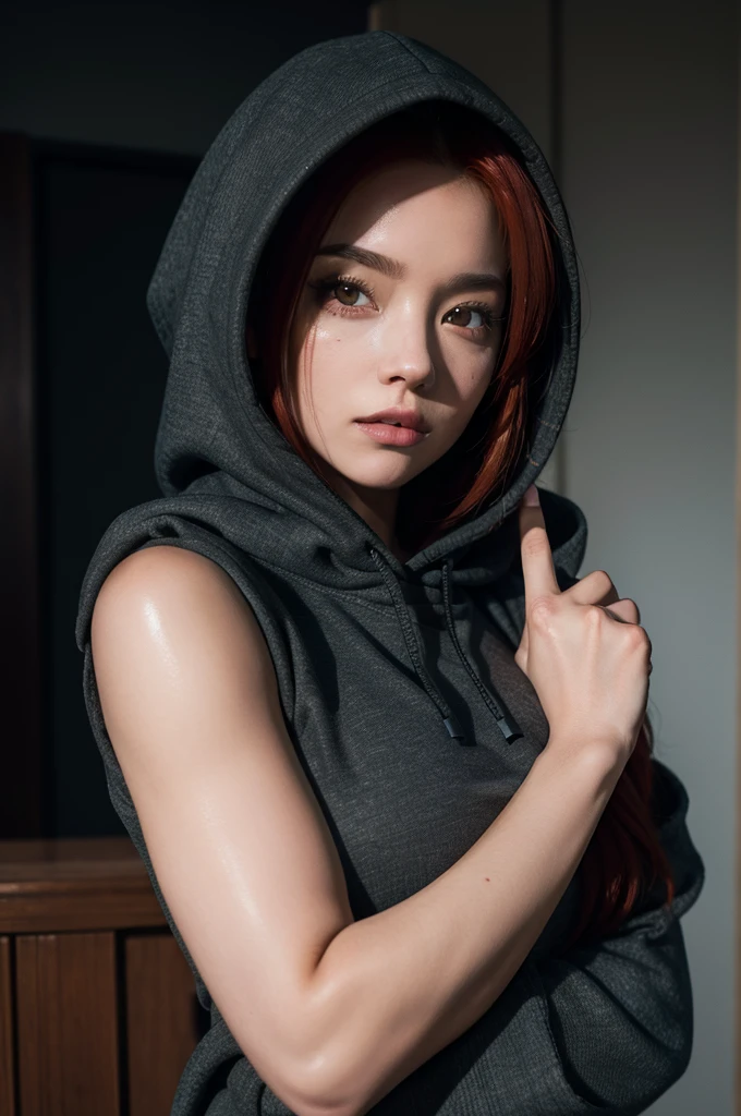 A woman, dressed in a dark hoodie, wearing a hood, flirtatious expression, red hair, upper body, inviting the viewer for a captivating photography session, highly detailed face, photorealistic quality, achieving an 8k resolution that showcases every pore and texture. The soft, diffused lighting adds to the realistic depth and conveys a tantalizing aura.