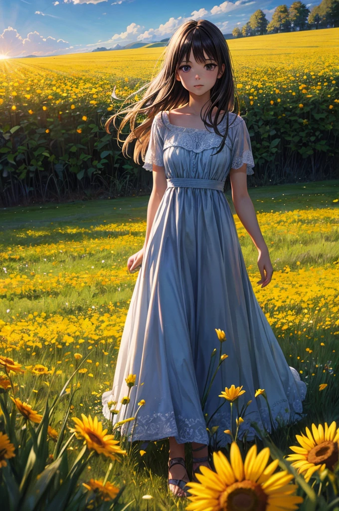 in a dress walking on a field with flowers in the rays of the setting sun, realism style