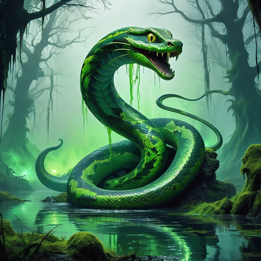 Imagine a snake-like creature slithering through the murky waters of a medieval dark fantasy swamp. Its scales shimmer with a sickly green hue, blending seamlessly with the algae-covered surface of the swamp. The creature's eyes, glowing with an eerie yellow light, survey its domain with predatory cunning.

Coiled around decaying roots and half-submerged logs, the creature's sinuous body moves with fluid grace, leaving ripples in the water that distort the reflection of twisted trees draped in hanging moss. Its forked tongue flickers in and out, tasting the stagnant air heavy with the scent of decay and damp earth.

At the creature's head, a crown of sharp, ivory-like protrusions curves menacingly above its sinisterly smiling maw. Venom drips from its fangs, mingling with the fetid water below. In the distance, eerie mist hangs low over the swamp, adding to the oppressive atmosphere of this forsaken realm.

Capture the ominous presence and primal danger of this snake creature in the medieval dark fantasy swamp, where legends whisper of its elusive nature and unwary travelers vanish without a trace.