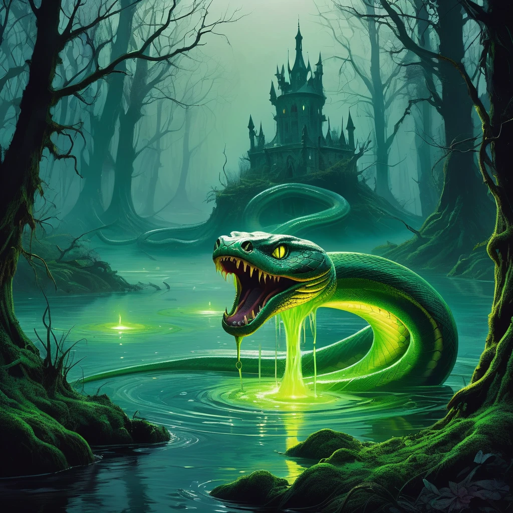 Imagine a snake-like creature slithering through the murky waters of a medieval dark fantasy swamp. Its scales shimmer with a sickly green hue, blending seamlessly with the algae-covered surface of the swamp. The creature's eyes, glowing with an eerie yellow light, survey its domain with predatory cunning.
Coiled around decaying roots and half-submerged logs, the creature's sinuous body moves with fluid grace, leaving ripples in the water that distort the reflection of twisted trees draped in hanging moss. Its forked tongue flickers in and out, tasting the stagnant air heavy with the scent of decay and damp earth.
At the creature's head, a crown of sharp, ivory-like protrusions curves menacingly above its sinisterly smiling maw. Venom drips from its fangs, mingling with the fetid water below. In the distance, eerie mist hangs low over the swamp, adding to the oppressive atmosphere of this forsaken realm.
Capture the ominous presence and primal danger of this snake creature in the medieval dark fantasy swamp, where legends whisper of its elusive nature and unwary travelers vanish without a trace.