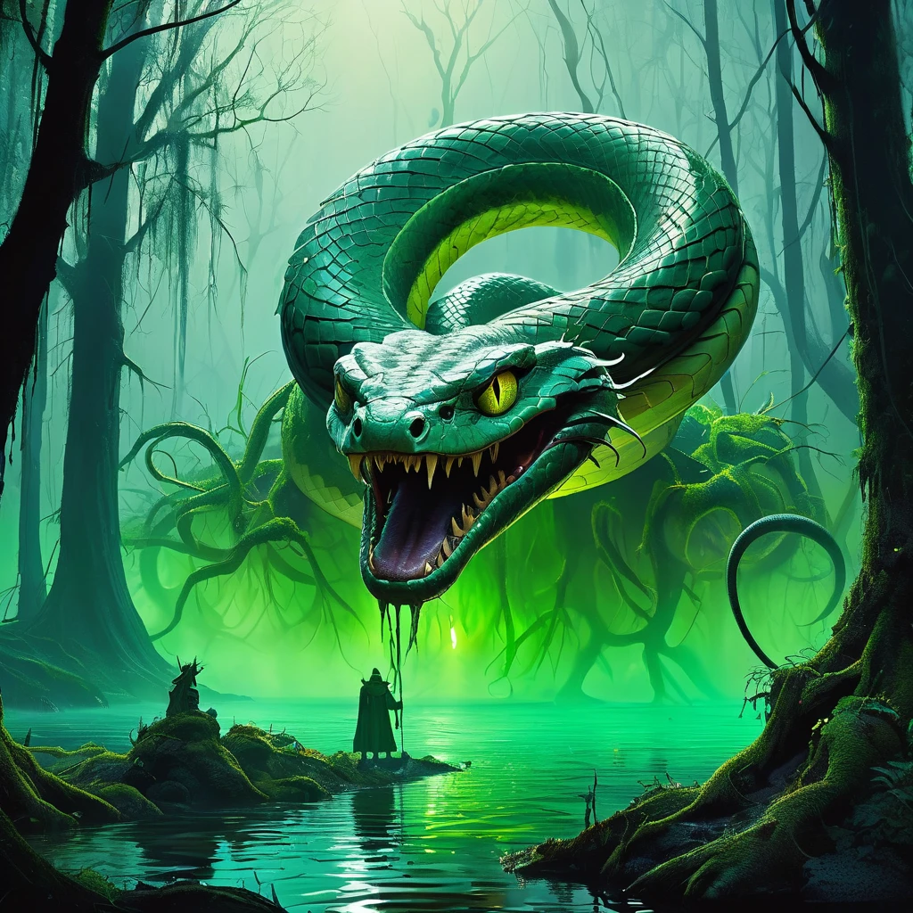 Imagine a snake-like creature slithering through the murky waters of a medieval dark fantasy swamp. Its scales shimmer with a sickly green hue, blending seamlessly with the algae-covered surface of the swamp. The creature's eyes, glowing with an eerie yellow light, survey its domain with predatory cunning.
Coiled around decaying roots and half-submerged logs, the creature's sinuous body moves with fluid grace, leaving ripples in the water that distort the reflection of twisted trees draped in hanging moss. Its forked tongue flickers in and out, tasting the stagnant air heavy with the scent of decay and damp earth.
At the creature's head, a crown of sharp, ivory-like protrusions curves menacingly above its sinisterly smiling maw. Venom drips from its fangs, mingling with the fetid water below. In the distance, eerie mist hangs low over the swamp, adding to the oppressive atmosphere of this forsaken realm.
Capture the ominous presence and primal danger of this snake creature in the medieval dark fantasy swamp, where legends whisper of its elusive nature and unwary travelers vanish without a trace.