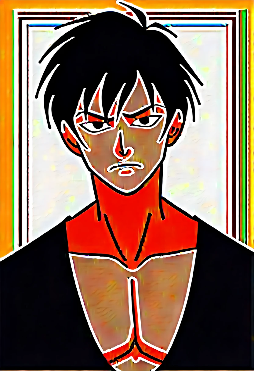 A highschool boy, handsome, perfect body, black hair, short hair, mullet, black eyes, upturned eyes, expressionless, black shirt, anime, first-person view, dragonball art style, masterpiece, anatomically correct, high details, highres, best quality, super detail, 1080P