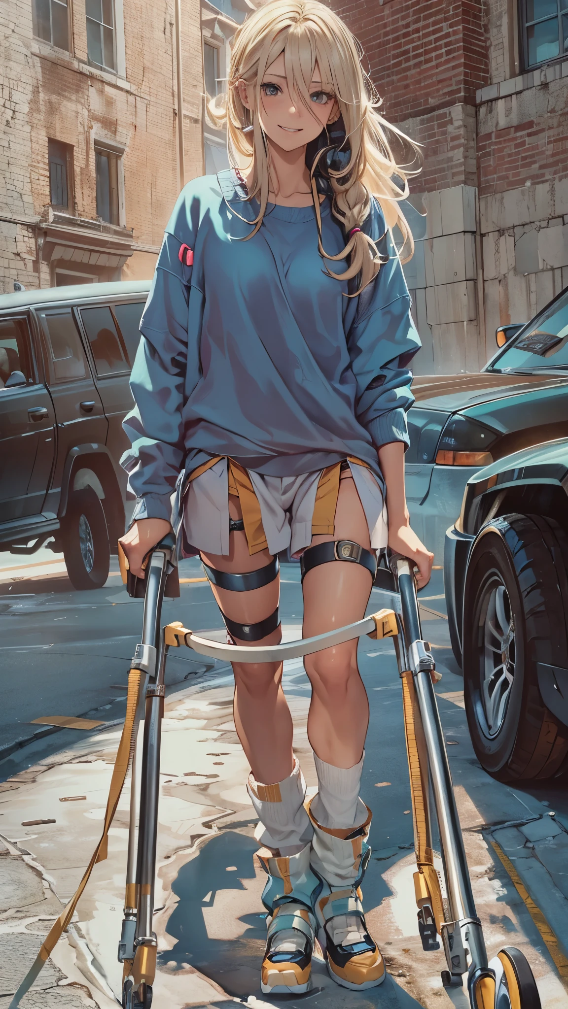 (Very detailed, Realistic), Cityscape, [moderately:Oil], [Professional:1.1], [Physically Based Rendering], [Bright colors], [Sharp focus], [Studio Lighting], [Extreme Detail], [Highest quality,4K,8K,High resolution,masterpiece:1.2],(Detailed face),((inside the hospital)),((One 18-year-old woman)),(Blonde unkempt hair),(dark),(it hurts),(Scary),(grin),[Nervous eyes],((her legs are very thin)),((She walks with crutches,Crutch length from armpit,Crutches are at her side)),((she leans on her crutches)),((she’s putting on her legs in cast)),((leg braces)),((leg braces)),((she’s wheelchair user)),((she’s wheelchair user)),((Her feet are turned inwards)),(street casual fashion,cold shoulder tops,shorts,loose socks),((lace-up-boots)),(gloves,Knee pads),.