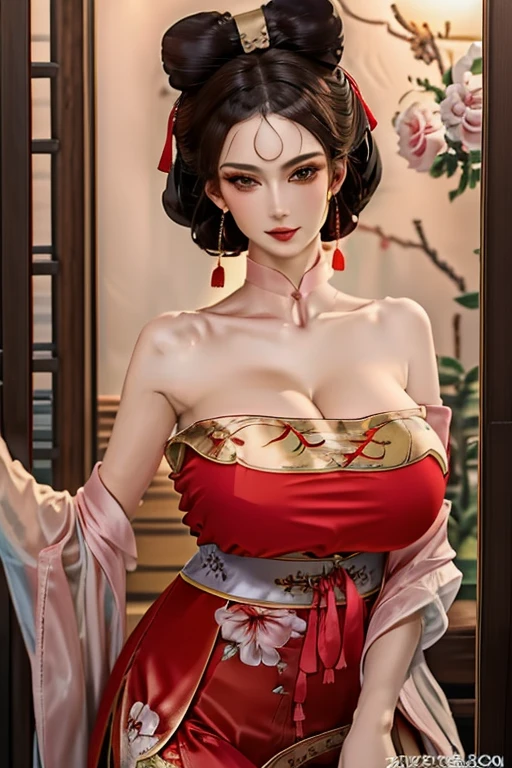 masterpiece,best quality,4K, masterpiece, high resolution, Complex 3D rendering of ultra-detailed beautiful porcelain contoured female face,Vivid details,（high resolution），Ultra Detail，Vivid details,（8K，original photo），（Best quality），（masterpiece），(((Full and soft breasts,)))(((Large Breasts))) (((Cleavage)))1 girl, bushing, Smile, Red Dress, Chinese clothes, Bare shoulders, Pink earrings, Fox Demon, Half squinted, flirtatious, White and red, traditional Chinese painting, Super high quality details 