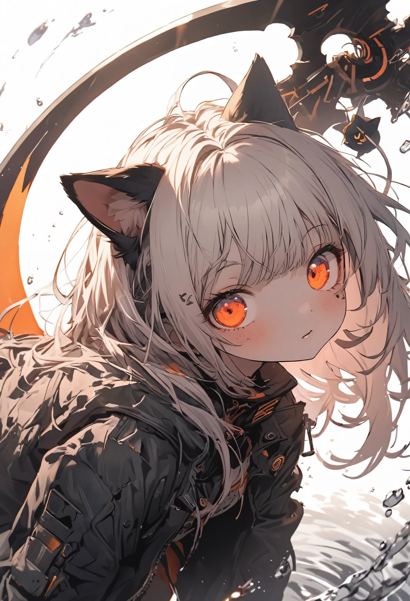 Detailed silhouette of a cyberpunk girl with cat ears and a tail, Flowing, Tattered coat, He has a giant scythe with a mechanical cat design on it., Stand on the glossy, Minimalist reflective surface, Soft white background, fish eye, sense of depth,