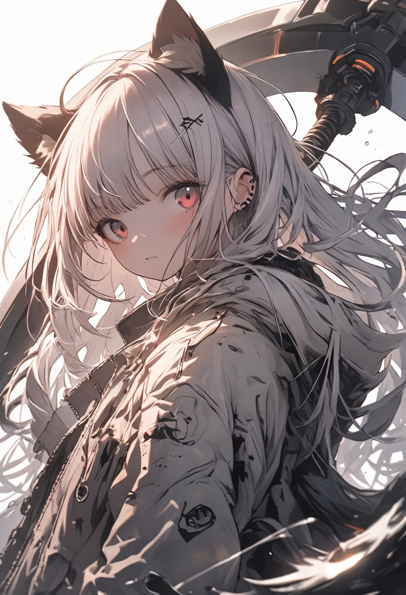 Detailed silhouette of a cyberpunk girl with cat ears and a tail, Flowing, Tattered coat, He has a giant scythe with a mechanical cat design on it., Stand on the glossy, Minimalist reflective surface, Soft white background, fish eye, sense of depth, 