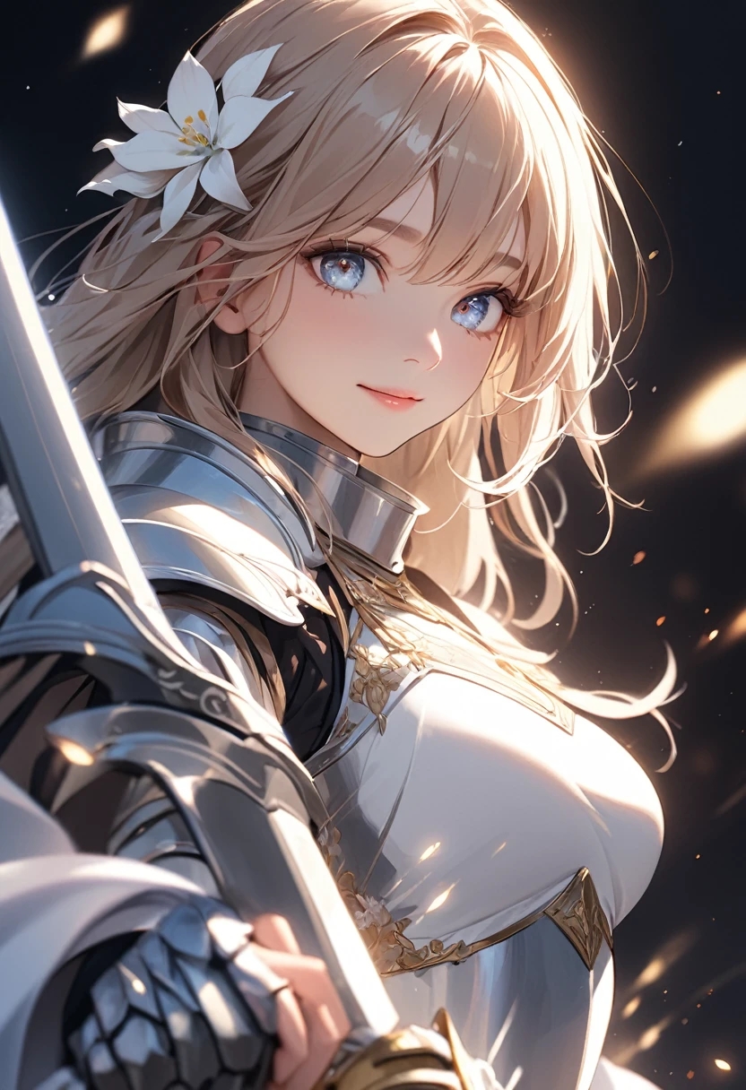 (masterpiece:1.5),(Beat quality),(high res),1girl solo,beautiful face,smile(shining eyes),light effects,A female knight holding a sword in her right hand,White flower,Black background