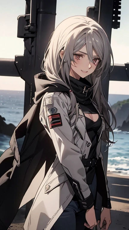 (Confused, High resolution, Very detailed), 1 female, Silver Hair,Long Hair,Reddish brown eyes,boots,Wearing a hood,Long coat,Skinny jeans,Black and white pilot suit,,Small breasts,26 years old,Beautiful woman,Adult female,,thin,quiet,Calm,A shy little smile,Coast at dawn