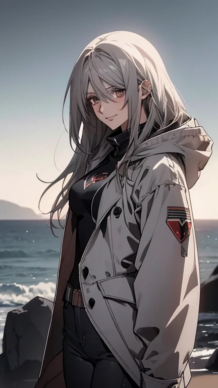 (Confused, High resolution, Very detailed), 1 female, Silver Hair,Long Hair,Reddish brown eyes,boots,Wearing a hood,Long coat,Skinny jeans,Black and white pilot suit,,Small breasts,26 years old,Beautiful woman,Adult female,,thin,quiet,Calm,A shy little smile,Coast at dawn