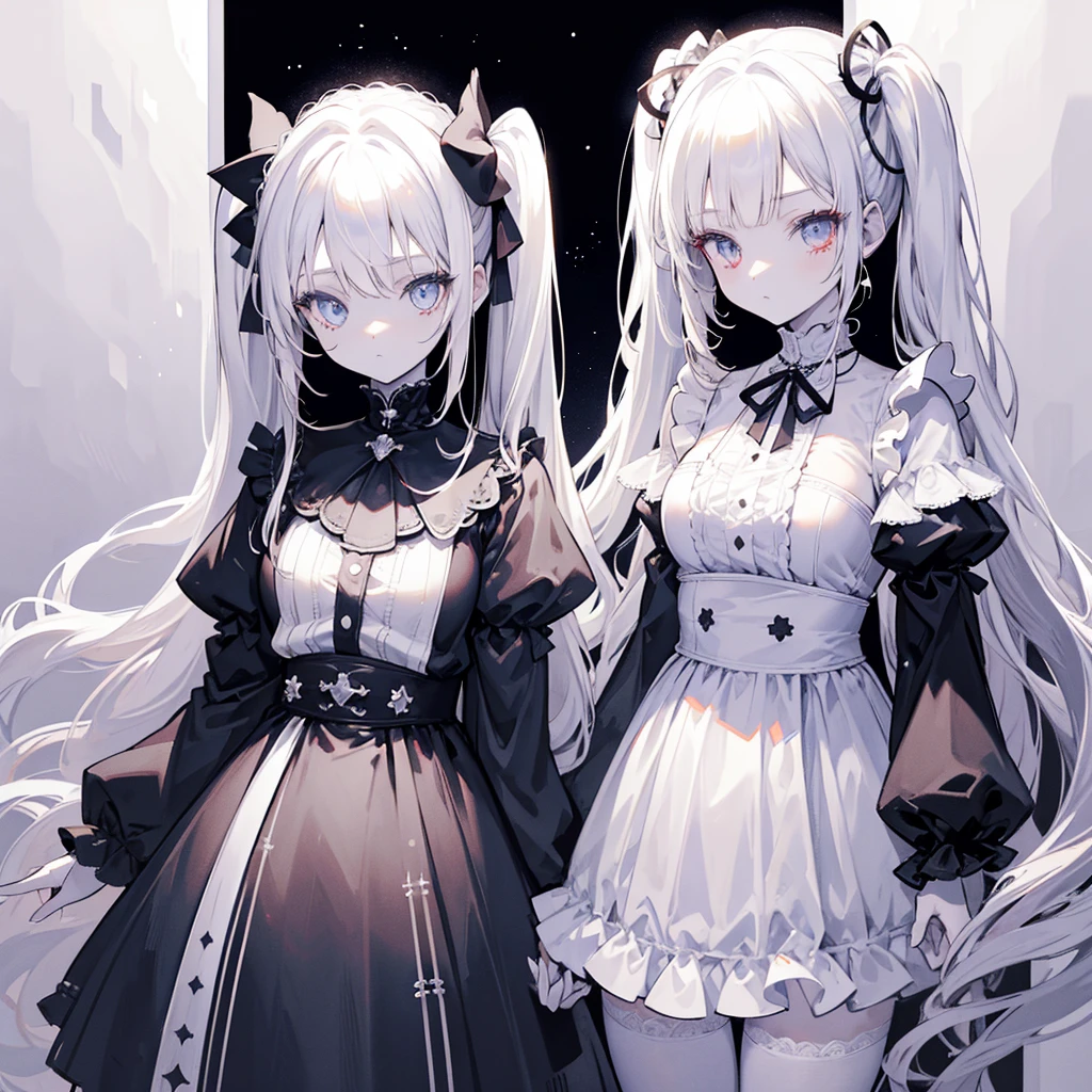 Two girls, red eyes, beige hair in twin tails, blue eyes, white hair in twin tails, monochrome gothic fashion outfit, lots of white roses, monochrome, stars, light, pure white, white background