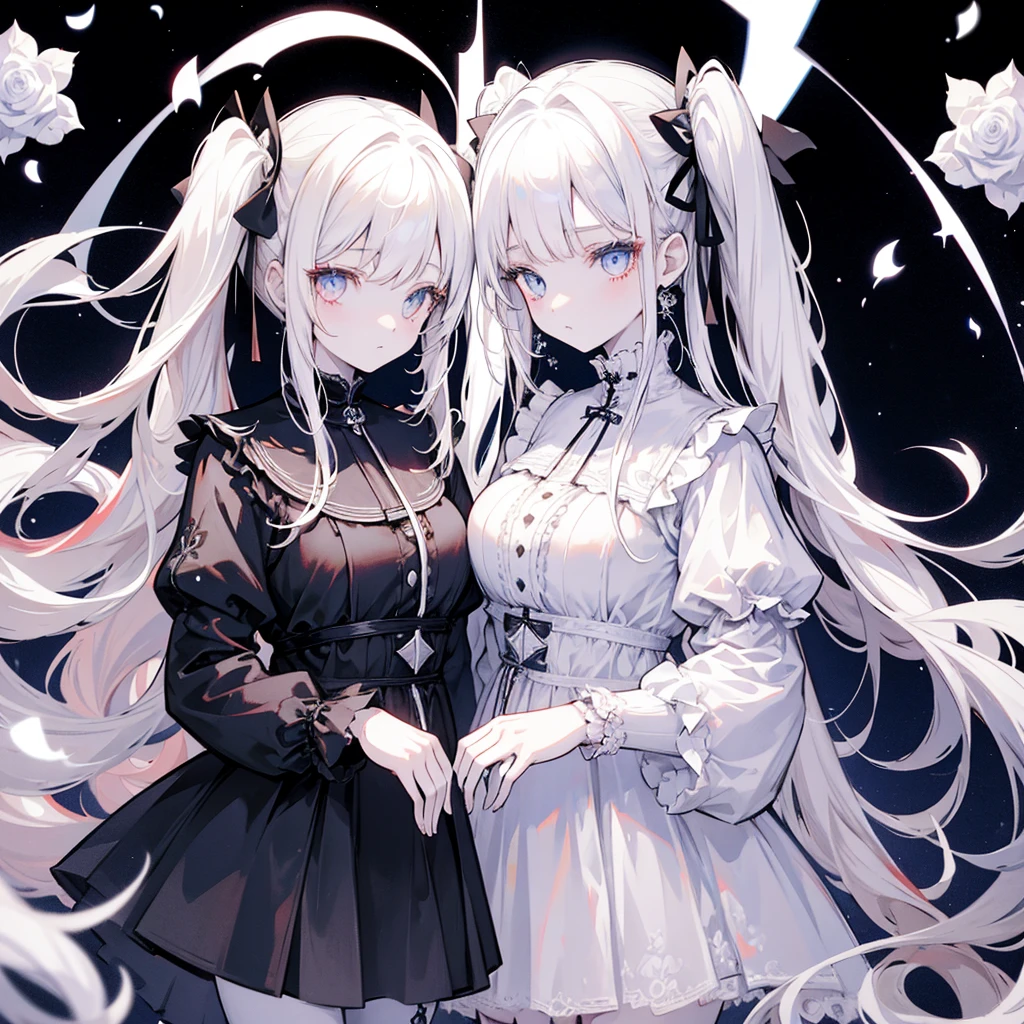 Two girls, red eyes, beige hair in twin tails, blue eyes, white hair in twin tails, monochrome gothic fashion outfit, lots of white roses, monochrome, stars, light, pure white, white background