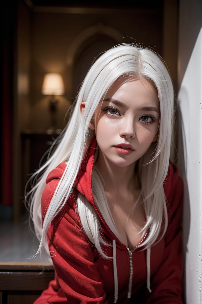 A woman, dressed in a red hoodie, wearing a hood, flirtatious expression, white hair, upper body, inviting the viewer for a captivating photography session, highly detailed face, photorealistic quality, achieving an 8k resolution that showcases every pore and texture. The soft, diffused lighting adds to the realistic depth and conveys a tantalizing aura.