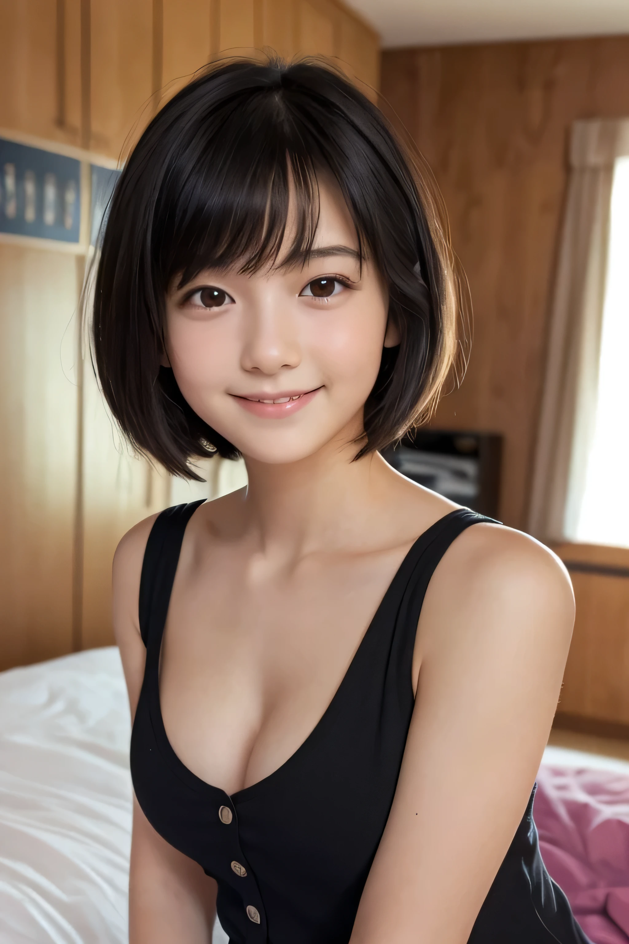 One girl, Fluffy short hair,Black Hair,smile,Inside the room, summer,Wine color,Unbutton it,Tank top,Bed,Relaxing,Innocence,,6th gradee,A small cleavage on the chest,transparent, (masterpiece, Highest quality), Soft Light, Structure of the film, Like a movie