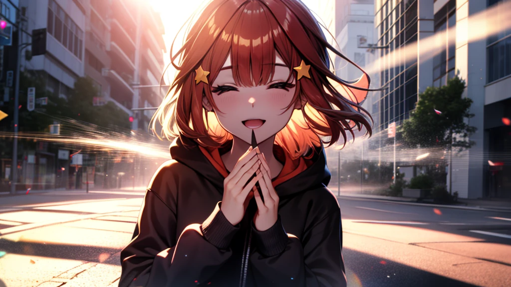 itsukinakano, Itsuki Nakano, bangs, Ahoge, Redhead, star \(symbol\), close your eyes,hair ornaments, star hair ornaments,happy smile, smile, Open your mouth,Short braided hair,red oversized hoodie,Shorts,White Pantyhose,High-top sneakers,(LOL:1.1), (Open your mouth:1.1), Sun glare, Bokeh, Written boundary depth, Blurred Background, Particles of light, Strong winds, (Heart Particles:1.1)
Outdoor break, city,Destroy a building area (masterpiece:1.2), Highest quality, High resolution, unity 8k wallpaper, (shape:0.8),  Highly detailed face, Perfect lighting, Highly detailed CG, (Perfect hands, Perfect Anatomy),