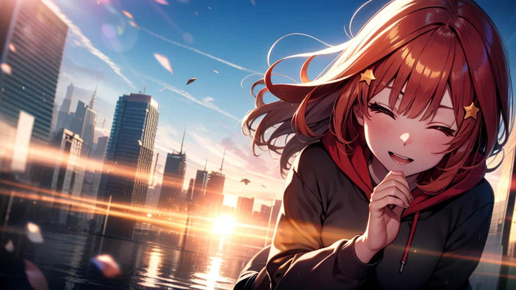 itsukinakano, Itsuki Nakano, bangs, Ahoge, Redhead, star \(symbol\), close your eyes,hair ornaments, star hair ornaments,happy smile, smile, Open your mouth,Short braided hair,red oversized hoodie,Shorts,White Pantyhose,High-top sneakers,(LOL:1.1), (Open your mouth:1.1), Sun glare, Bokeh, Written boundary depth, Blurred Background, Particles of light, Strong winds, (Heart Particles:1.1)
Outdoor break, city,Destroy a building area (masterpiece:1.2), Highest quality, High resolution, unity 8k wallpaper, (shape:0.8), Highly detailed face, Perfect lighting, Highly detailed CG, (Perfect hands, Perfect Anatomy),