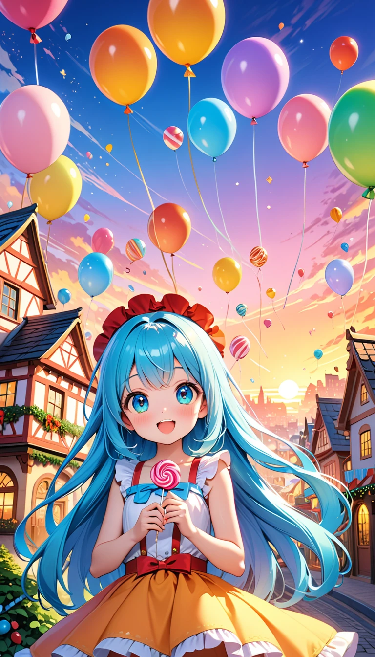 , ,(((( light blue long hair)))), , (true beautiful:1.2),cute face, big eyes,,(tiny 1girl model:1.2),)(flat chest),1 girl,A sunset over a vibrant Candyland, with colorful balloons, ice cream, and drinks 🎈🍦🍹❤(😘👩🎀👗⚜👒👡💅)🎪🎢🎡🎠. The scene is full of excitement and joy, with a variety of attractions. The sky is ablaze with a mix of warm and cool tones, creating a stunning backdrop. The lighting is soft and golden, casting a warm glow over the entire landscape. The vibrant colors of the candy-inspired structures stand out against the pastel sky. The candy-themed buildings are adorned with intricate details, from candy canes to lollipops, creating a whimsical and magical atmosphere. The balloons float in the air, adding an element of playfulness and fun to the scene. The air is filled with laughter and happy chatter as people enjoy the festive atmosphere.