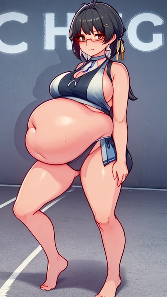 (Full body, glasses, detailed), An image of a pregnant girl wearing a cheerleader uniform with her belly on full display. She is a very voluptuous lady, she has a smug face and she is barefoot. She is very sweaty and steamy