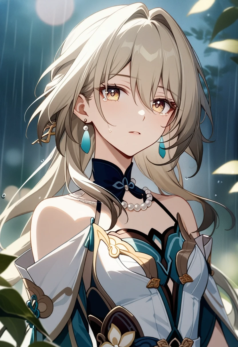 ruan_mei_(honkai:_star_rail) , calm, exspressionless, glossy lips, portrait, looking at viewer, tears, (blonde hair:1.3),, colored eyelashes, yellow eyelashes, (white clothes:1.5), (chinese shirt:1.5), pearls, golden eyes,hairstick, sfw, (modest:1.2), rain, flowers trees background, (flat chest:1.2), (masterpiece), (best quality), (ultra-detailed), very aesthetic, illustration, disheveled hair, perfect composition, moist skin, intricate details, cinematic still, emotional, harmonious, vignette, highly detailed, high budget, bokeh, cinemascope, moody, epic, gorgeous, film grain, grainy, flowers, earrings, necklace
